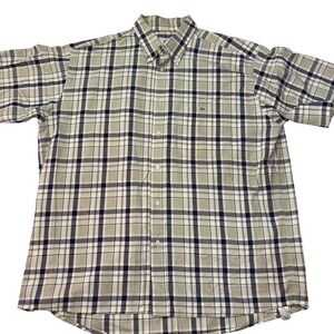 Lacoste Shirt Plaid Button Down Short Sleeve Shirt‎ Beige Blue Men's Size XL